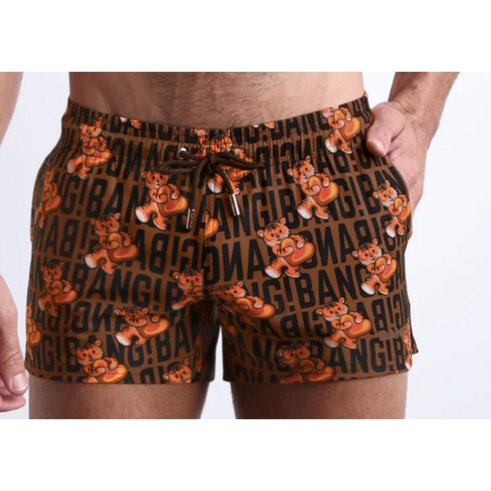 BANG! Swimwear Men's Swim Trunks Tiger Hearts Print Show Shorts New ~ Size M